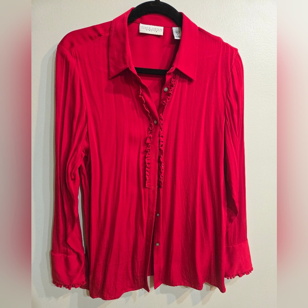 Valerie Stevens Vibrant Red Button Down Shirt 97% Silk Sz Medium